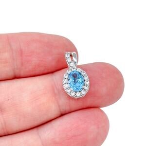 Estate Sterling Silver 925 Blue Topaz White Sapphire Oval Pendant
